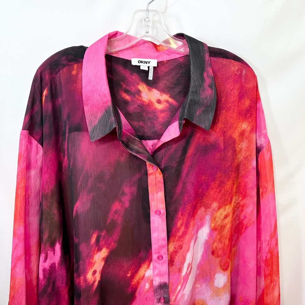DKNY Plus Size 3X Top Watercolor Chiffon Tunic Pink Maximalism Artsy 1626 - Picture 3 of 9